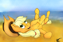 Size: 3600x2400 | Tagged: safe, artist:sidhenearlahi, applejack, earth pony, pony, beach, both cutie marks, horses doing horse things, on back, rolling, solo