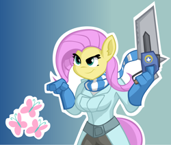 Size: 5096x4299 | Tagged: safe, artist:cloudi-nexik, fluttershy, anthro, absurd resolution, amputator, clothes, crossover, fluttermedic, medic, parody, scarf, solo, team fortress 2, weapon