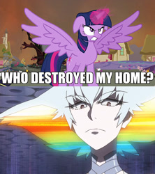 Size: 910x1024 | Tagged: safe, derpibooru import, twilight sparkle, twilight sparkle (alicorn), alicorn, pony, twilight's kingdom, exploitable meme, golden oaks library, kill la kill, meme, ragyo kiryuin, this will end in tears, this will end in tears and/or death, who destroyed twilight's home