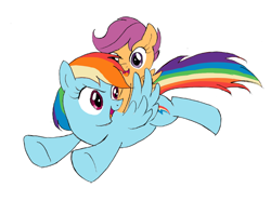 Size: 800x594 | Tagged: safe, artist:yuniuni11, derpibooru import, rainbow dash, scootaloo, pegasus, pony, female, filly, flying, looking back, mare, open mouth, ponies riding ponies, riding, scootalove, simple background, smiling, white background, wings