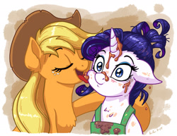 Size: 1650x1275 | Tagged: safe, artist:latecustomer, applejack, caramel, rarity, earth pony, pony, unicorn, barista, blushing, chest fluff, eyes closed, face licking, female, hat, lesbian, licking, mare, open mouth, rarijack, shipping, style emulation, tongue out