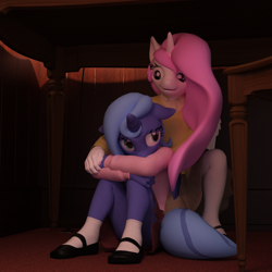 Size: 1600x1600 | Tagged: safe, artist:tahublade7, princess celestia, princess luna, alicorn, anthro, plantigrade anthro, 3d, chair, clothes, comforting, crossed arms, daz studio, desk, female, filly, floppy ears, hiding, mare, pink-mane celestia, royal sisters, s1 luna, sad, sitting, smiling, woona, younger