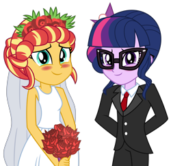 Size: 6600x6400 | Tagged: safe, artist:emeraldblast63, sci-twi, sunset shimmer, twilight sparkle, equestria girls, clothes, dress, female, lesbian, marriage, scitwishimmer, shipping, simple background, suit, sunsetsparkle, transparent background, wedding, wedding dress