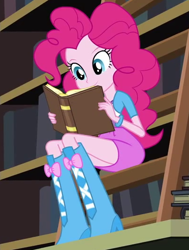 Size: 400x530 | Tagged: safe, screencap, pinkie pie, equestria girls, friendship games, book, boots, bracelet, clothes, cropped, high heel boots, jewelry, ladder, reading, skirt, solo