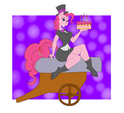 Size: 4549x4128 | Tagged: safe, artist:vladiverse, pinkie pie, anthro, unguligrade anthro, absurd resolution, breasts, cake, cannon, clothes, female, food, pinkie pies, solo