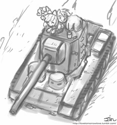 Size: 735x788 | Tagged: safe, artist:johnjoseco, apple bloom, scootaloo, sweetie belle, cutie mark crusaders, grayscale, kv-5, monochrome, tank (vehicle)