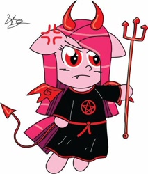 Size: 526x616 | Tagged: dead source, safe, artist:chibi-cat-girl101, artist:pinkamena-chan, pinkie pie, earth pony, pony, bipedal, cross-popping veins, devil, devil pinkie pie, female, hoof hold, mare, pinkamena diane pie, signature, simple background, solo, white background