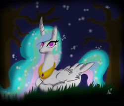 Size: 2128x1820 | Tagged: safe, artist:adtmlp, princess celestia, alicorn, pony, jewelry, night, peytral, prone, solo, tree