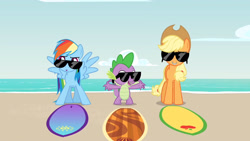 Size: 2048x1152 | Tagged: safe, derpibooru import, screencap, applejack, rainbow dash, spike, dragon, earth pony, pegasus, pony, applejack's hat, beach, cowboy hat, equestria hills 90210, female, gladys, hat, male, sunglasses, surfboard, winged spike