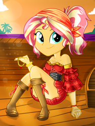 Size: 1800x2400 | Tagged: safe, artist:artmlpk, sunset shimmer, equestria girls, adorable face, adorasexy, adorkable, alternate hairstyle, bandana, bare chest, bare shoulders, beautiful, boots, chest, clothes, corset, costume, cute, design, digital art, dork, female, island, jewelry, looking at you, ocean, outfit, pirate, pirate ship, pirate sunset, ponytail, schrödinger's pantsu, sexy, shimmer me timbers, shimmerbetes, shoes, sitting, skirt, smiling, smiling at you, solo, stupid sexy sunset shimmer, sunset, treasure chest, tresure chest, upskirt denied, water, watermark