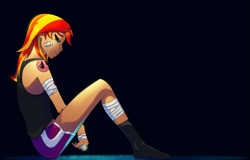 Size: 1833x1170 | Tagged: safe, artist:ironmatt1995, sunset shimmer, equestria girls, bike shorts, black sclera, clothes, crying, hurting, hurts like a bitch, sad, sunsad shimmer