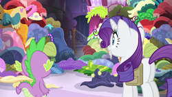 Size: 1280x720 | Tagged: safe, screencap, rarity, spike, dragon, pony, unicorn, inspiration manifestation, carousel boutique, clothes, duo, female, male, mare, messy, plot, saddle bag