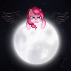 Size: 2248x2248 | Tagged: safe, artist:flufflelord, pinkie pie, earth pony, pony, alone, crying, cute, full moon, moon, on the moon, pink floyd, sad, solo, song reference, space, the dark side of the moon, wings