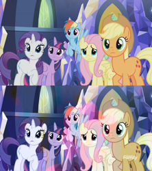 Size: 1920x2160 | Tagged: safe, derpibooru import, screencap, applejack, fluttershy, pinkie pie, rainbow dash, rarity, twilight sparkle, twilight sparkle (alicorn), alicorn, earth pony, pegasus, pony, unicorn, the last laugh, comparison, discovery family logo, ghosting, mane six