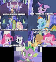 Size: 1780x1976 | Tagged: safe, derpibooru import, edit, edited screencap, screencap, applejack, pinkie pie, rainbow dash, rarity, spike, twilight sparkle, twilight sparkle (alicorn), alicorn, dragon, earth pony, pegasus, pony, unicorn, the last laugh, applejack's hat, chinese, comic, cowboy hat, hat, meme, screencap comic, text, text edit, throne room, twilight's castle, winged spike