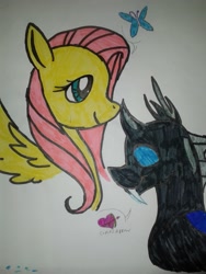 Size: 1920x2560 | Tagged: safe, artist:blackrose416, fluttershy, changeling, pegasus, pony, heart, shipping, smiling, traditional art