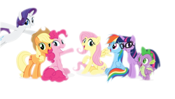 Size: 1280x720 | Tagged: safe, derpibooru import, screencap, applejack, fluttershy, pinkie pie, rainbow dash, rarity, spike, twilight sparkle, twilight sparkle (alicorn), alicorn, dragon, earth pony, pegasus, pony, unicorn, cutie mark, equestria hills 90210, female, glasses, male, mane seven, mane six, simple background, smiling, white background, winged spike, wings