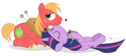 Size: 1350x600 | Tagged: safe, artist:dm29, derpibooru import, big macintosh, smarty pants, twilight sparkle, earth pony, pony, blushing, cute, eyes closed, heart, julian yeo is trying to murder us, kissing, let's do the time warp again, male, on back, prone, shipping, simple background, smiling, stallion, straight, transparent background, twimac, vector
