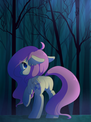 Size: 1500x2000 | Tagged: safe, artist:gnidagovnida, fluttershy, pegasus, pony, featureless crotch, forest, plot, solo