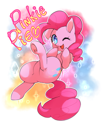 Size: 1200x1400 | Tagged: safe, artist:zakro, pinkie pie, earth pony, pony, cute, diapinkes, featureless crotch, heart eyes, name, smiling, solo, underhoof, wingding eyes, wink