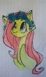 Size: 600x1000 | Tagged: safe, artist:eatmydustjon, fluttershy, pegasus, pony, bust, floral head wreath, folded wings, lined paper, looking up, portrait, solo, traditional art, watermark