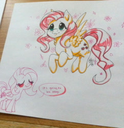 Size: 1024x1056 | Tagged: safe, artist:heavy-weight, fluttershy, pegasus, pony, duo, floating, looking up, speech bubble, spread wings, traditional art