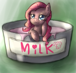 Size: 1841x1773 | Tagged: safe, artist:leadhooves, pinkie pie, earth pony, pony, bedroom eyes, milk, solo, wet mane