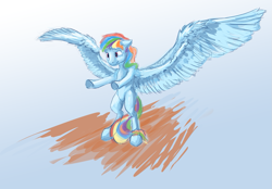 Size: 1003x700 | Tagged: safe, artist:feng-shui1301, derpibooru import, rainbow dash, pegasus, pony, bipedal, female, mare, simple background, solo, spread wings, wings