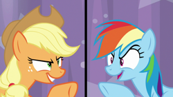 Size: 1920x1080 | Tagged: safe, derpibooru import, screencap, applejack, rainbow dash, earth pony, pegasus, pony, a trivial pursuit, applejack's hat, competitive, cowboy hat, duo, female, freckles, grin, hat, looking at each other, mare, pointing, ponytail, rivalry, smiling, stetson, trivia trot