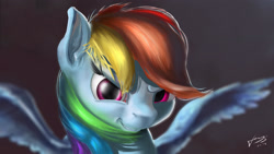 Size: 3265x1837 | Tagged: safe, artist:skribbler84, derpibooru import, rainbow dash, pegasus, pony, badass, cool, female, looking at you, mare, solo, spread wings, wings