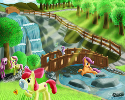 Size: 2000x1600 | Tagged: safe, artist:misiekpl, apple bloom, cheerilee, diamond tiara, discord, fluttershy, pipsqueak, scootaloo, sweetie belle, butterfly, pegasus, pony, bridge, crepuscular rays, cutie mark crusaders, field trip, forest, magic, magnifying glass, open mouth, pencil, reflection, river, scenery, signature, the cmc's cutie marks, trip, waterfall