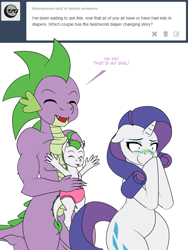 Size: 600x800 | Tagged: safe, artist:dekomaru, rarity, spike, oc, oc:pearl, dracony, dragon, hybrid, pony, unicorn, ask, bipedal, female, interspecies offspring, male, nauseous, offspring, older, parent:rarity, parent:spike, parents:sparity, shipping, sparity, straight, tumblr, tumblr:ask twixie