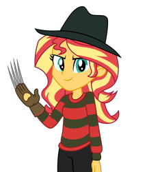 Size: 6008x7000 | Tagged: safe, artist:emeraldblast63, sunset shimmer, equestria girls, a nightmare on elm street, claw, clothes, cosplay, costume, female, freddy krueger, gloves, solo, sweater