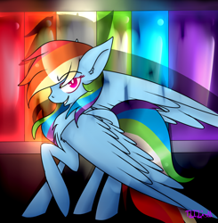 Size: 1000x1022 | Tagged: safe, artist:thelilcrazymoney, derpibooru import, rainbow dash, pegasus, pony, fanfic:rainbow factory, female, mare, rainbow factory dash, raised hoof, smiling, smirk, solo, spread wings, wings