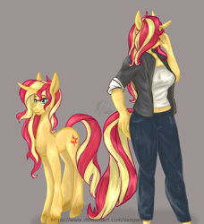 Size: 984x1080 | Tagged: safe, artist:zsnowfilez, sunset shimmer, anthro, pony, unicorn, anthro ponidox, clothes, female, gray background, jacket, mare, pants, shirt, simple background, solo