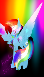 Size: 1861x3222 | Tagged: safe, artist:thelilcrazymoney, derpibooru import, rainbow dash, pegasus, pony, fanfic:rainbow factory, backwards cutie mark, blood, female, mare, rainbow factory dash, smiling, smirk, solo, spread wings, wings