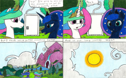 Size: 3281x2038 | Tagged: safe, artist:eternaljonathan, princess celestia, princess luna, alicorn, pony, comic:a new twist, comic, door, forest, royal sisters, traditional art