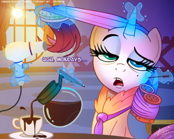 Size: 1000x799 | Tagged: safe, artist:lennonblack, rarity, pony, unicorn, bags under eyes, bathrobe, clothes, coffee, coffee cup, cup, female, glowing horn, hair curlers, hair dryer, hairbrush, looking at you, magic, mare, monday, morning ponies, robe, solo, telekinesis