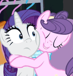 Size: 500x522 | Tagged: safe, screencap, rarity, suri polomare, earth pony, pony, unicorn, rarity takes manehattan, animated, clothes, cropped, cute, gif, hape, hug, no sense of personal space, personal space invasion, scarf, smiling, squishy cheeks, suribetes, uncomfortable