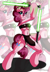 Size: 600x860 | Tagged: safe, artist:xjkenny, pinkie pie, anthro, earth pony, unguligrade anthro, arm hooves, bikini, breasts, clothes, female, hoof hold, jedi, lightsaber, mare, midriff, pinkie pies, solo, star wars, swimsuit, weapon, zoom layer