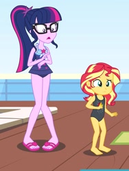 Size: 1536x2048 | Tagged: safe, artist:draymanor57, sci-twi, sunset shimmer, twilight sparkle, equestria girls, age regression, barefoot, clothes, feet, female, glasses, one-piece swimsuit, ponytail, sandals, sleeveless, swimsuit, younger