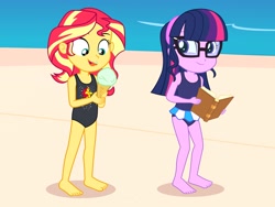 Size: 2048x1536 | Tagged: safe, artist:draymanor57, sci-twi, sunset shimmer, twilight sparkle, equestria girls, barefoot, beach, clothes, cute, feet, female, glasses, one-piece swimsuit, shimmerbetes, swimsuit, twiabetes, younger