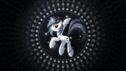 Size: 1920x1080 | Tagged: safe, artist:mithandir730, artist:mysteriouskaos, derpibooru import, dj pon-3, vinyl scratch, pony, unicorn, dark, female, magic, mare, monochrome, particles, solo, vector, wallpaper