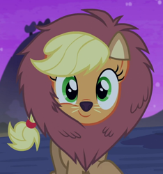 Size: 596x636 | Tagged: safe, screencap, applejack, earth pony, pony, scare master, applelion, clothes, costume, cute