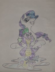 Size: 808x1050 | Tagged: safe, artist:hillbe, rarity, spike, dragon, pony, unicorn, female, male, piggyback ride, running, shipping, sparity, straight, traditional art, water