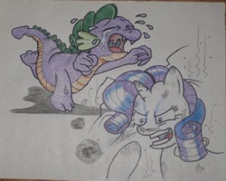 Size: 1214x973 | Tagged: safe, rarity, spike, dragon, pony, unicorn, crying, female, hillbilly, male, running, shipping, smoking, sparity, straight, traditional art