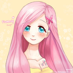 Size: 1000x1000 | Tagged: safe, artist:amy30535, fluttershy, human, boobie mark, breasts, cleavage, cute, female, humanized, shyabetes, solo