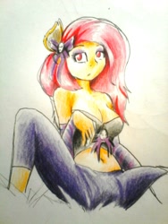 Size: 1920x2560 | Tagged: safe, artist:nolyanimeid, fluttershy, anthro, belly button, breasts, cleavage, clothes, colored pencil drawing, female, flutterbat, hootershy, midriff, pants, race swap, solo, traditional art