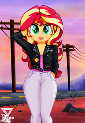 Size: 2500x3636 | Tagged: safe, artist:theretroart88, sunset shimmer, equestria girls, arm behind head, clothes, desert, female, high res, jacket, lipstick, looking at you, pants, power line, road, solo