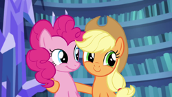 Size: 1920x1080 | Tagged: safe, screencap, applejack, pinkie pie, earth pony, pony, scare master, happy, smiling